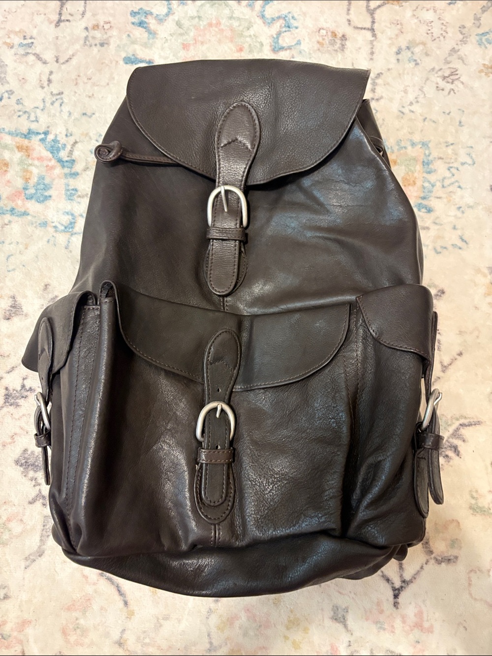 London Fog VINTAGE Dark Brown Leather Buckle Backpack. NEW!
